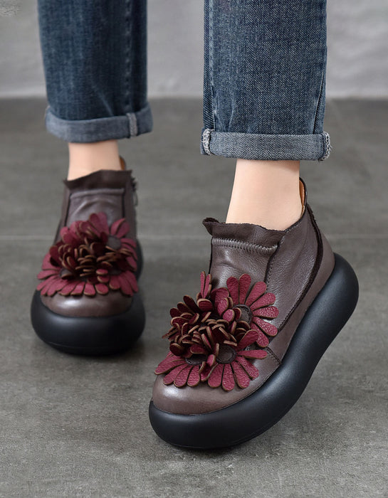 Handmade Round Toe Retro Leather Flowers Platform Boots