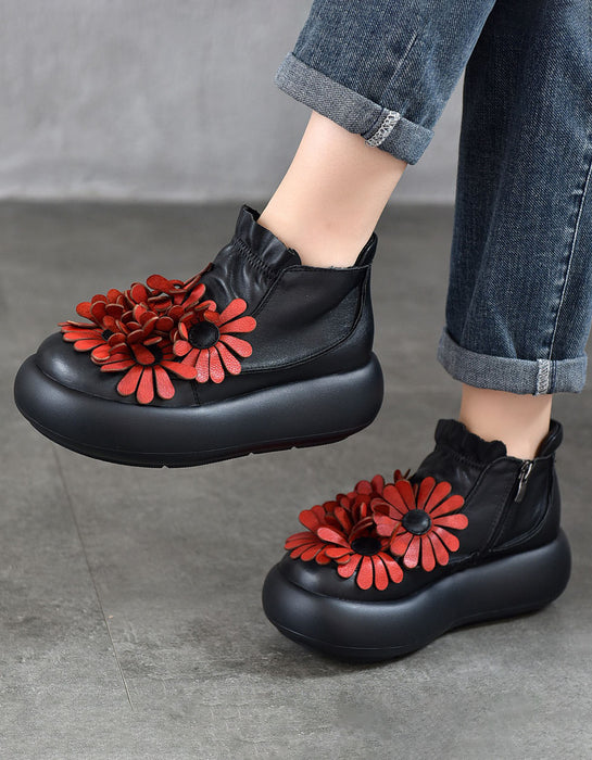 Handmade Round Toe Retro Leather Flowers Platform Boots