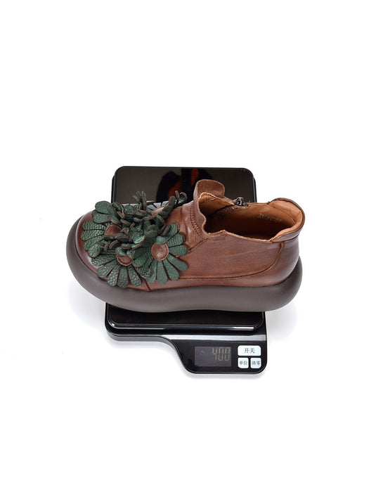 Handmade Round Toe Retro Leather Flowers Platform Boots