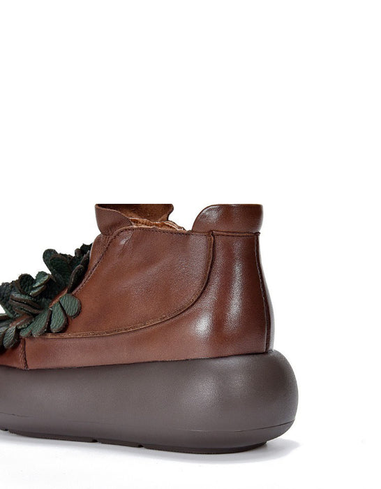 Handmade Round Toe Retro Leather Flowers Platform Boots