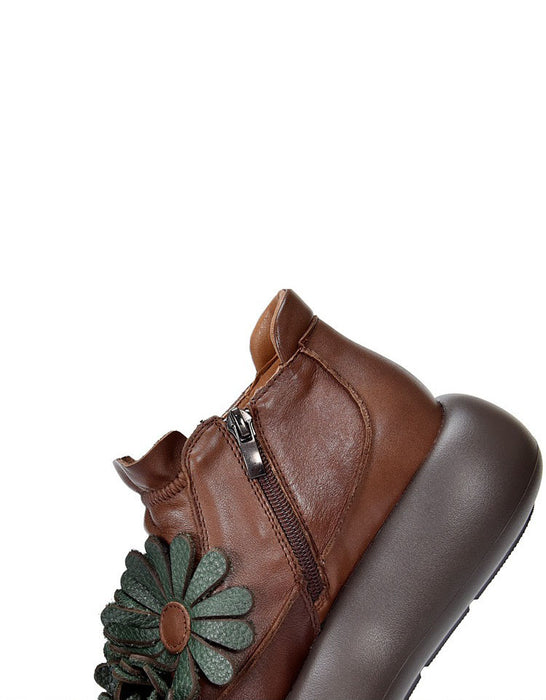 Handmade Round Toe Retro Leather Flowers Platform Boots