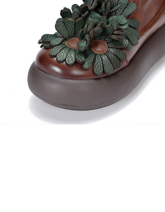 Handmade Round Toe Retro Leather Flowers Platform Boots