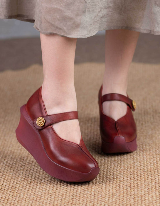 Handmade Retro Leather Wedge Heels Pumps Shoes