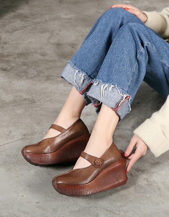 Handmade Retro Leather Wedge Heels Pumps Shoes