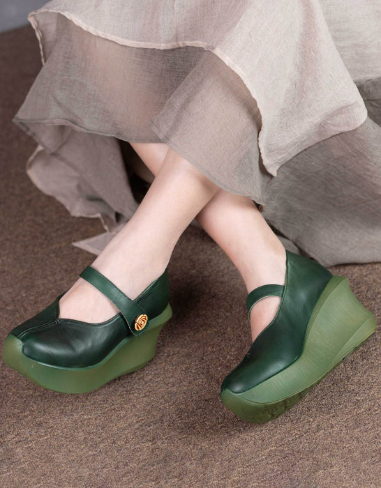 Handmade Retro Leather Wedge Heels Pumps Shoes