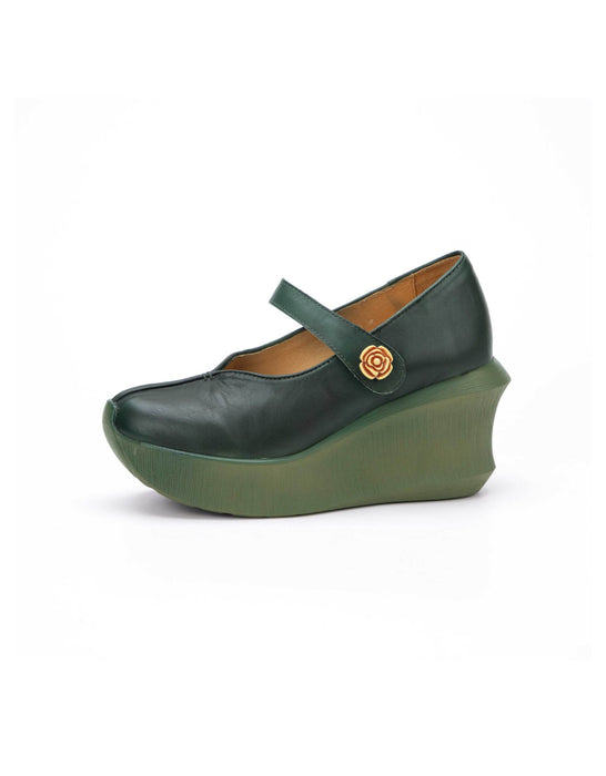 Handmade Retro Leather Wedge Heels Pumps Shoes