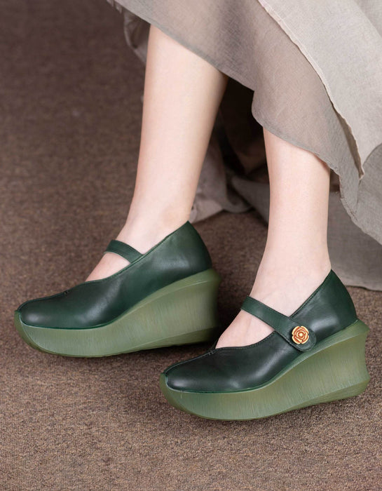Handmade Retro Leather Wedge Heels Pumps Shoes