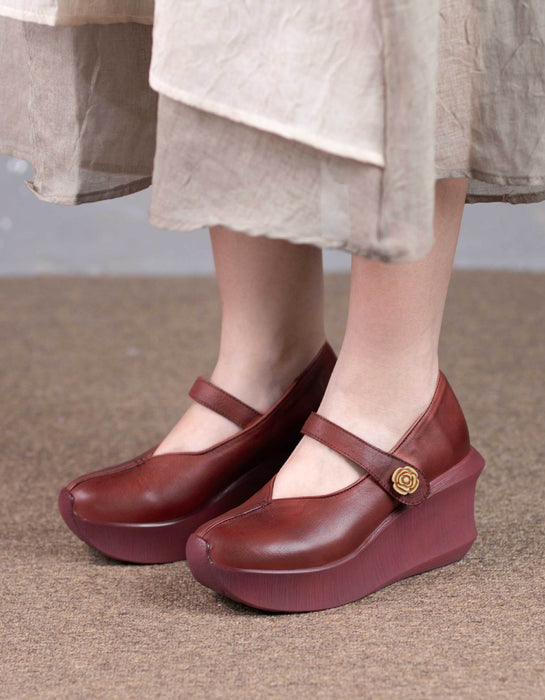 Handmade Retro Leather Wedge Heels Pumps Shoes