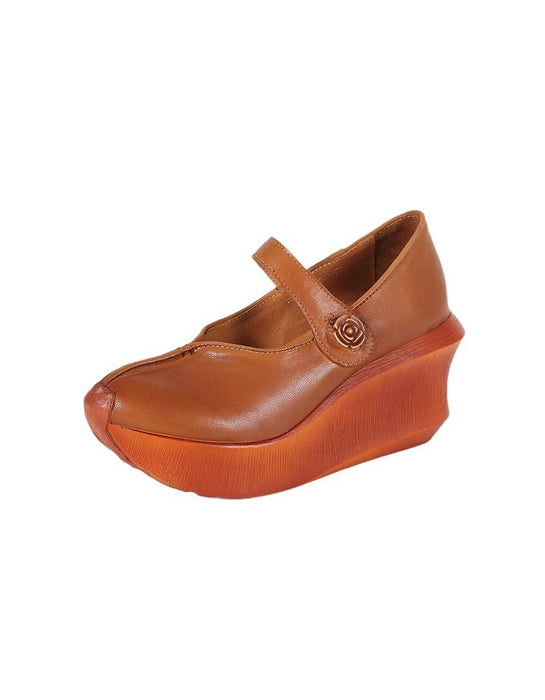 Handmade Retro Leather Wedge Heels Pumps Shoes