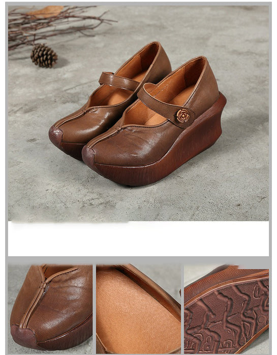 Handmade Retro Leather Wedge Heels Pumps Shoes