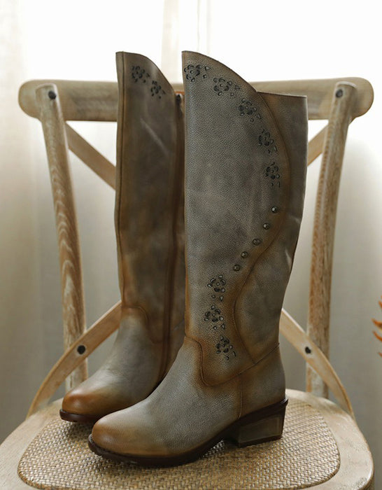 Handmade Retro Leather Women Knee High Boots