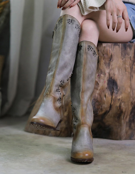 Handmade Retro Leather Women Knee High Boots