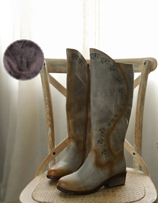 Handmade Retro Leather Women Knee High Boots