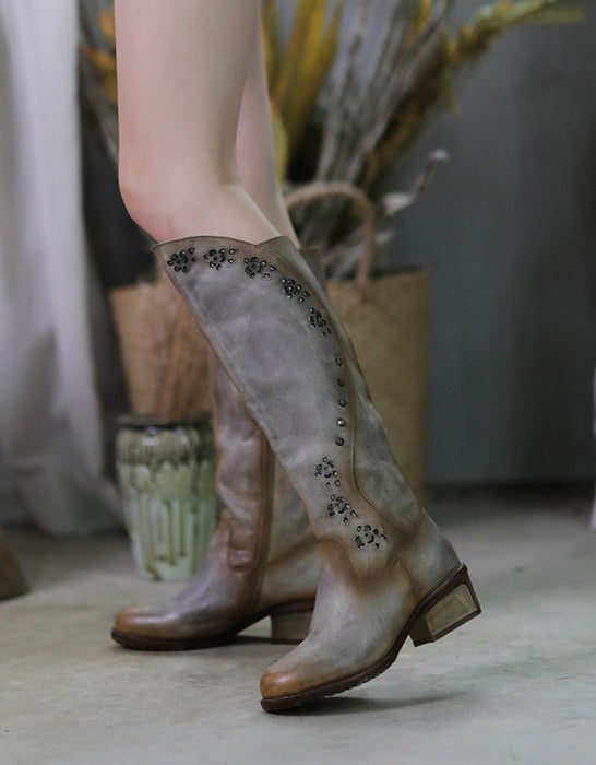 Handmade Retro Leather Women Knee High Boots