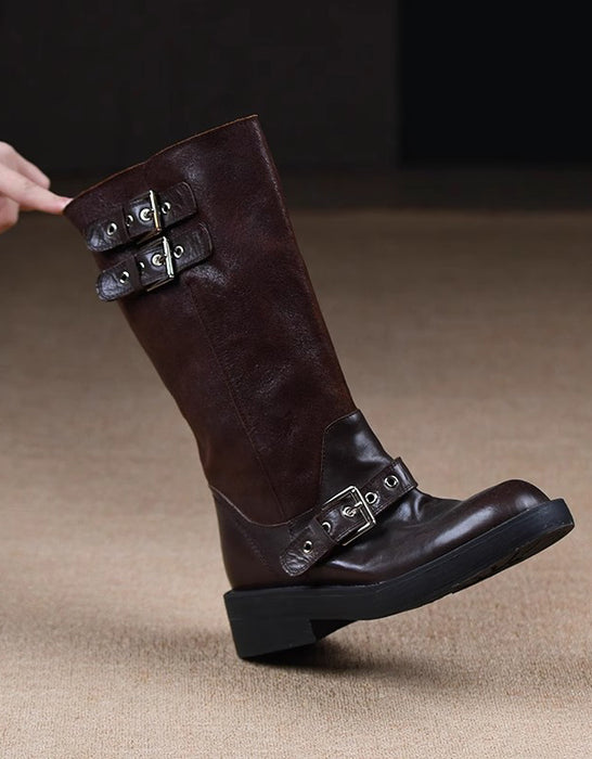 Handmade Sheepskin Buckles Design Vintage Motorcycle Boots