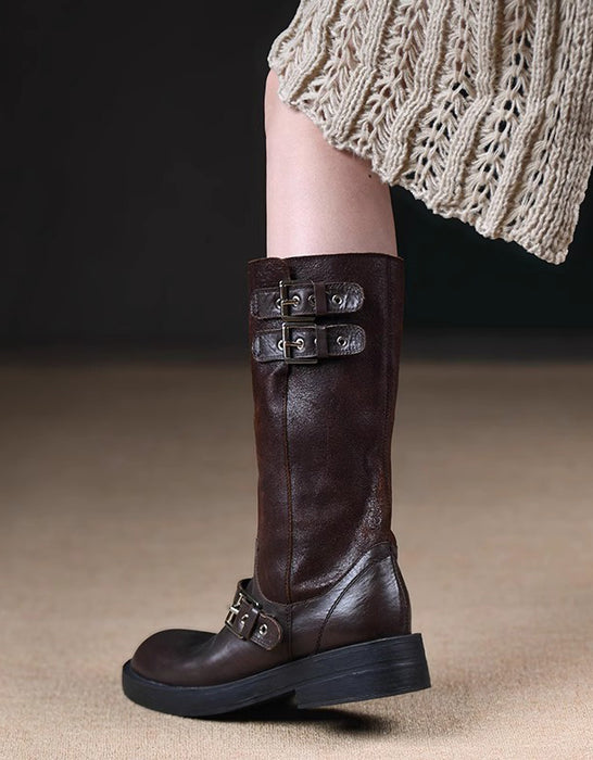 Handmade Sheepskin Buckles Design Vintage Motorcycle Boots