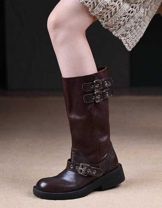 Handmade Sheepskin Buckles Design Vintage Motorcycle Boots