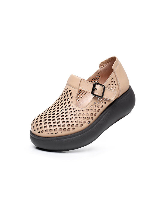 Handmade Summer Hollow T-strap Wedge Sandals Apricot Obiono May Shoes Collection 2026 80.50