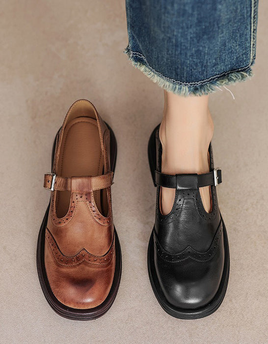 Handmade T-strap Brogue Style Oxford Shoes 34-42