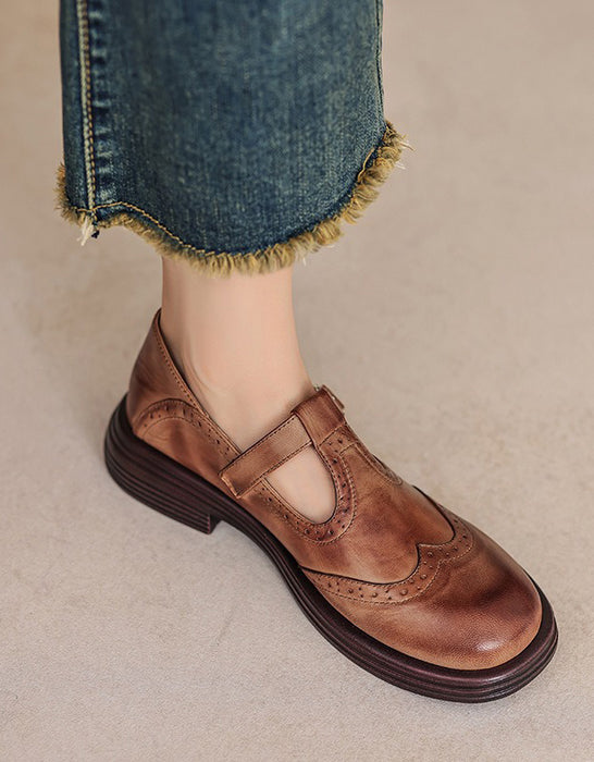 Handmade T-strap Brogue Style Oxford Shoes 34-42