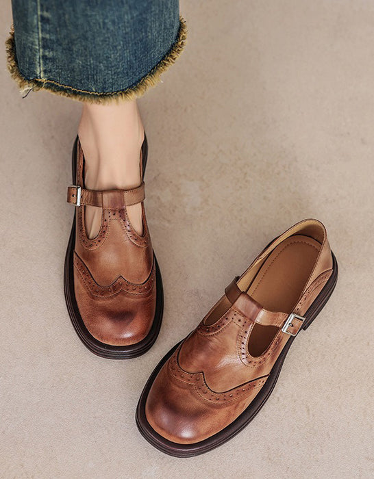 Handmade T-strap Brogue Style Oxford Shoes 34-42