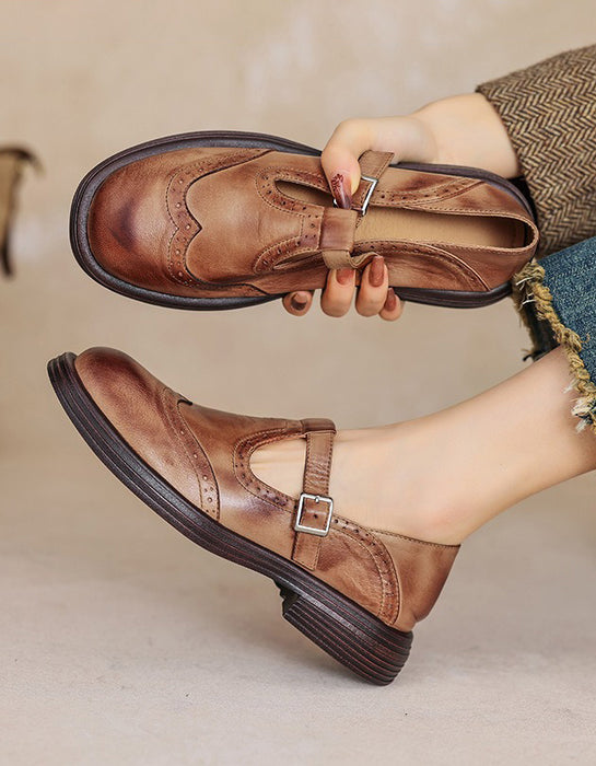 Handmade T-strap Brogue Style Oxford Shoes 34-42