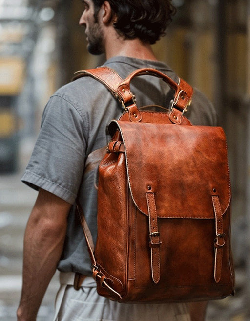 Handmade Tanned Large Capacity Leather Backpack for Men Try On