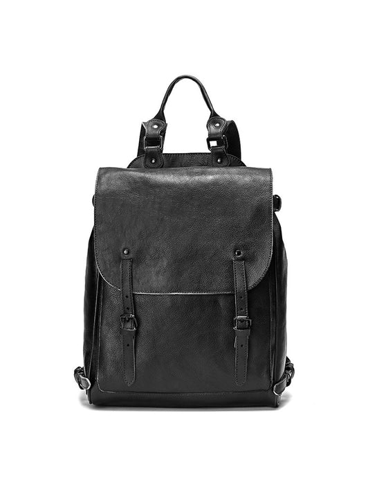 Handmade Tanned Large Capacity Leather Backpack for Men in Black