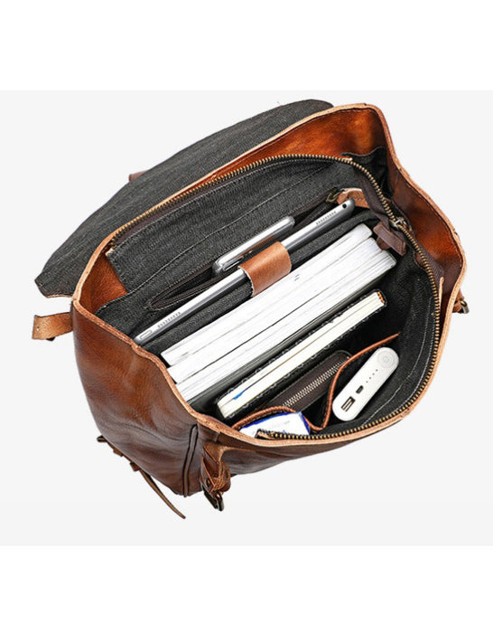 Handmade Tanned Large Capacity Leather Backpack for Men Inside Details