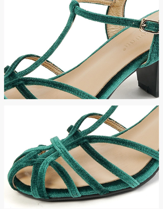 Handmade Velvet T-strap Vintage Chunky Heels Sandals Green July Shoes Collection 2026 95.00