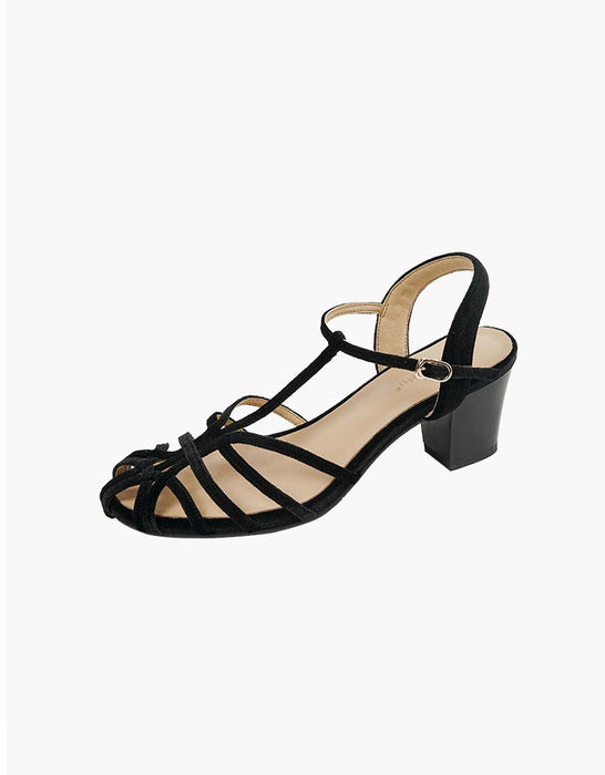 Handmade Velvet T-strap Vintage Chunky Heels Sandals Black July Shoes Collection 2026 95.00