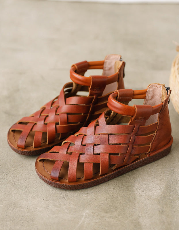 Leather Flat Sandals with Woven Design