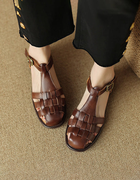 Handmade Vintage Leather Woven T-strap Sandals Slingback May Shoes Collection 2026 105.00