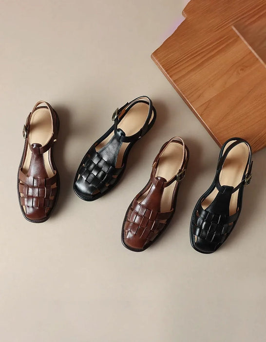 Handmade Vintage Leather Woven T-strap Sandals Slingback May Shoes Collection 2026 105.00