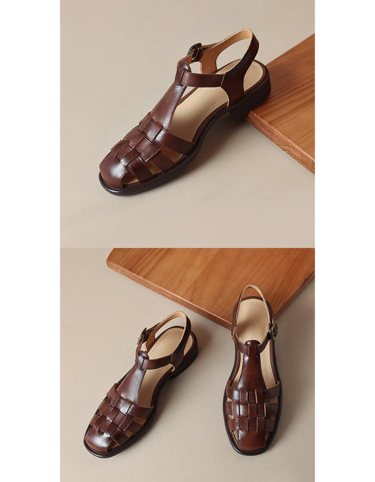 Handmade Vintage Leather Woven T-strap Sandals Slingback May Shoes Collection 2026 105.00