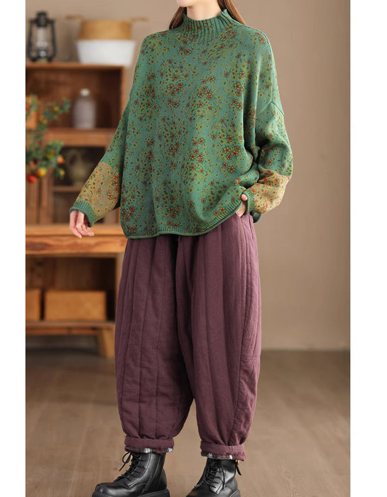 High Neck Comfortable Floral Loose Sweater