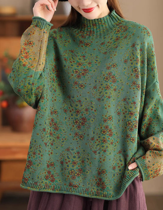 High Neck Comfortable Floral Loose Sweater