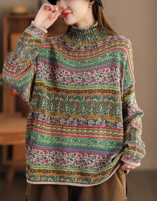 High Neck Long Sleeve Floral Loose Casual Sweater