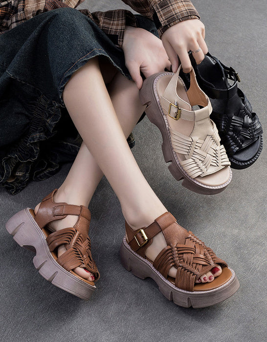 Leather Braid Open Toe Platform Sandals Slingback