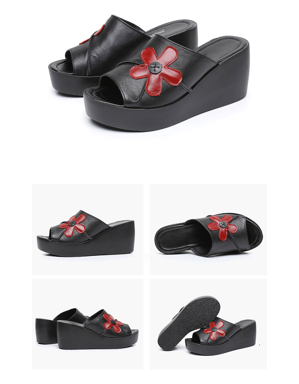 Leather Flower Summer Black Wedge Slippers — Obiono