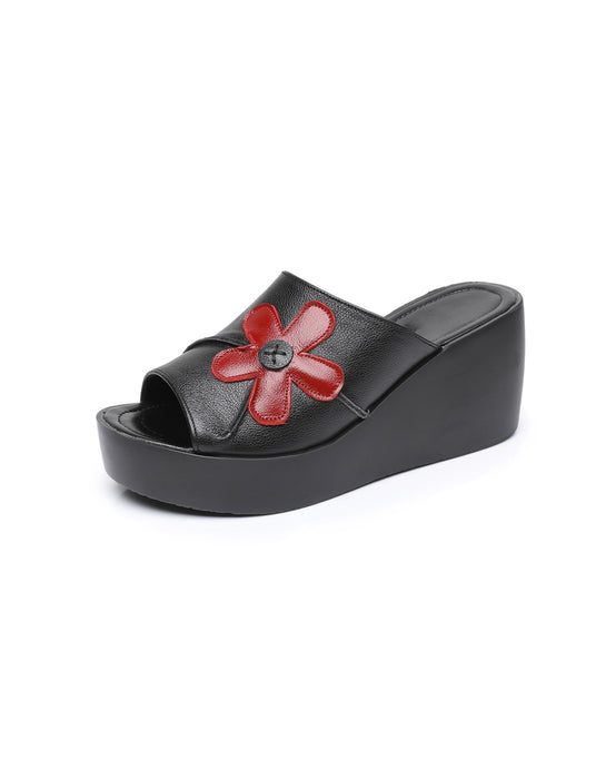 Leather Flower Summer Black Wedge Slippers — Obiono