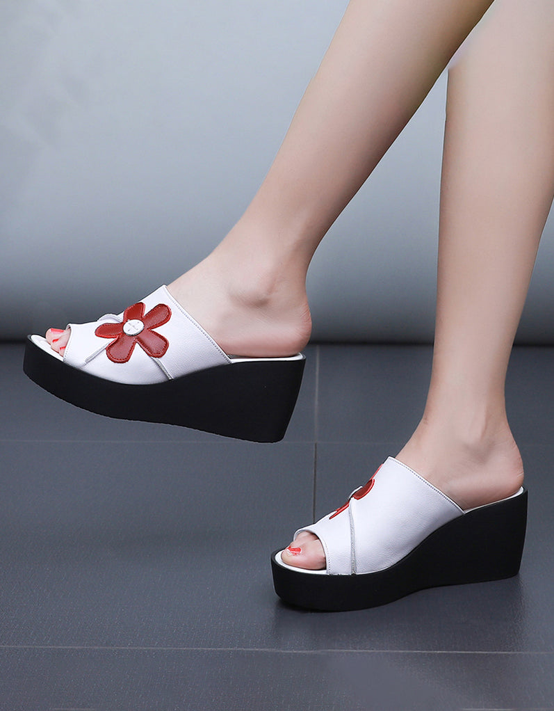 Leather Flower Summer Black Wedge Slippers — Obiono