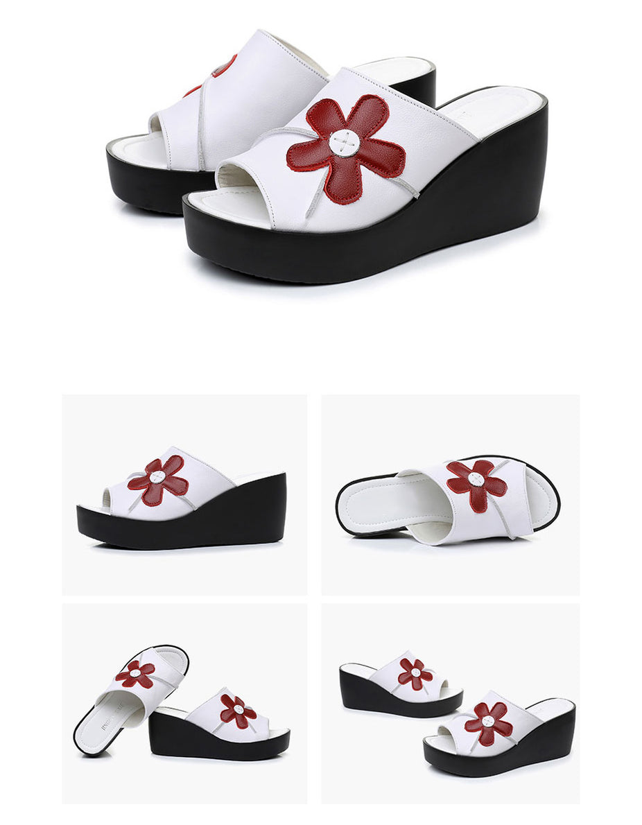 Leather Flower Summer Black Wedge Slippers — Obiono