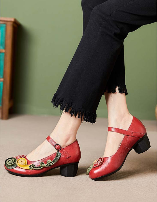 Leather Flowers Front Oriental Chunky Heels June Shoes Collection 2023 75.70