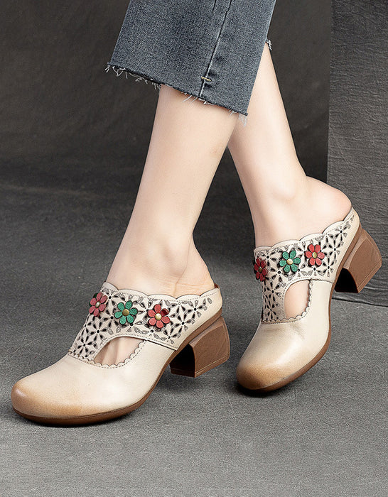 Leather Flowers Vintage Close Toe Chunky Heel Slippers