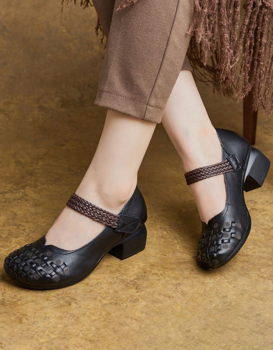 Square Toe Leather Woven Chunky Heel Sandals