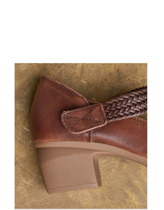 Square Toe Leather Woven Chunky Heel Sandals