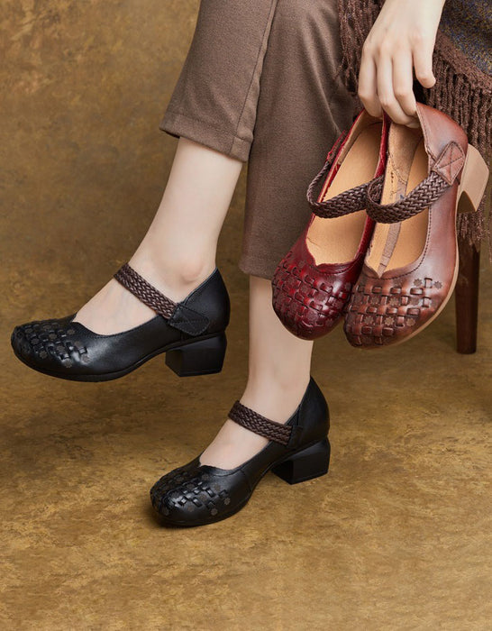 Square Toe Leather Woven Chunky Heel Sandals