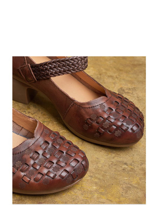 Square Toe Leather Woven Chunky Heel Sandals