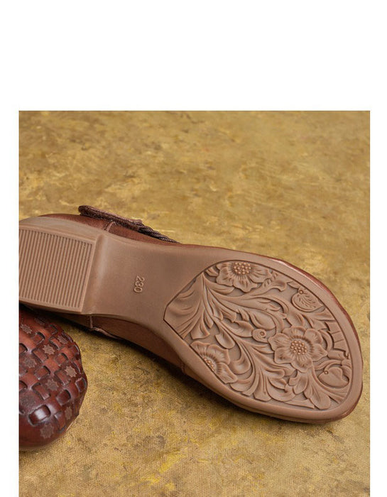 Square Toe Leather Woven Chunky Heel Sandals